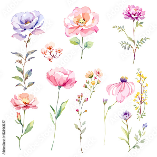 Flowers and leaves digital illustration, spring design, watercolor hand painting. Perfectly for printing, sublimation.