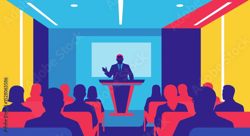 Powerful Speaker Delivering Engaging Presentation to Attentive Audience in Modern Conference Room