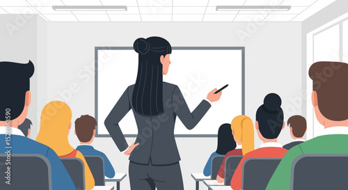 Businesswoman Leading a Presentation to a Diverse Group of Attendees in a Modern Classroom Setting