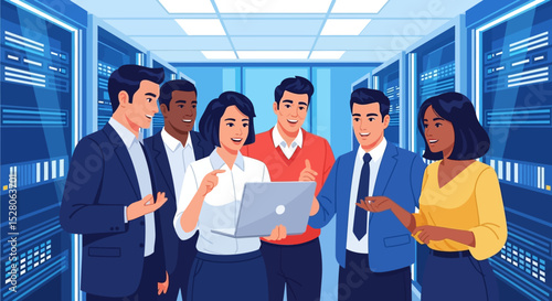 Diverse Team of IT Professionals Collaborating on Data Center Project