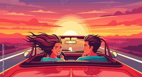 Sunset Road Trip Couple in Convertible Car Enjoying Scenic Drive