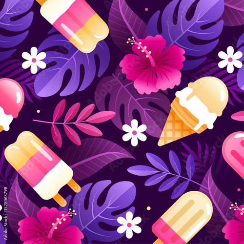 Flower background with ice cream, creative and colorful gradient
