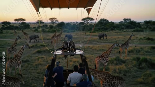 Giraffes and sunrise in a hot air balloon safari.