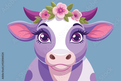 Cute cartoon cow with flowers on her head. Vector illustration blue background