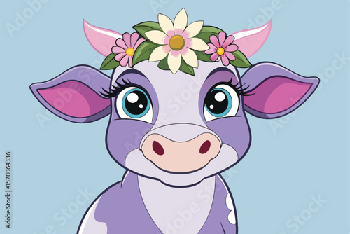 Cute cartoon cow with flowers on her head. Vector illustration.