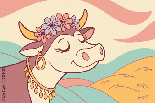 Cute cartoon cow with flowers in her hair. Vector illustration.