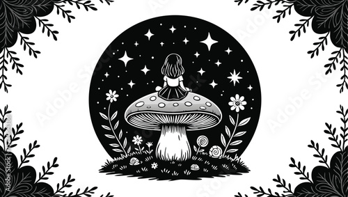 Black and white illustration of a fairy tale with a mushroom and a starry sky.
