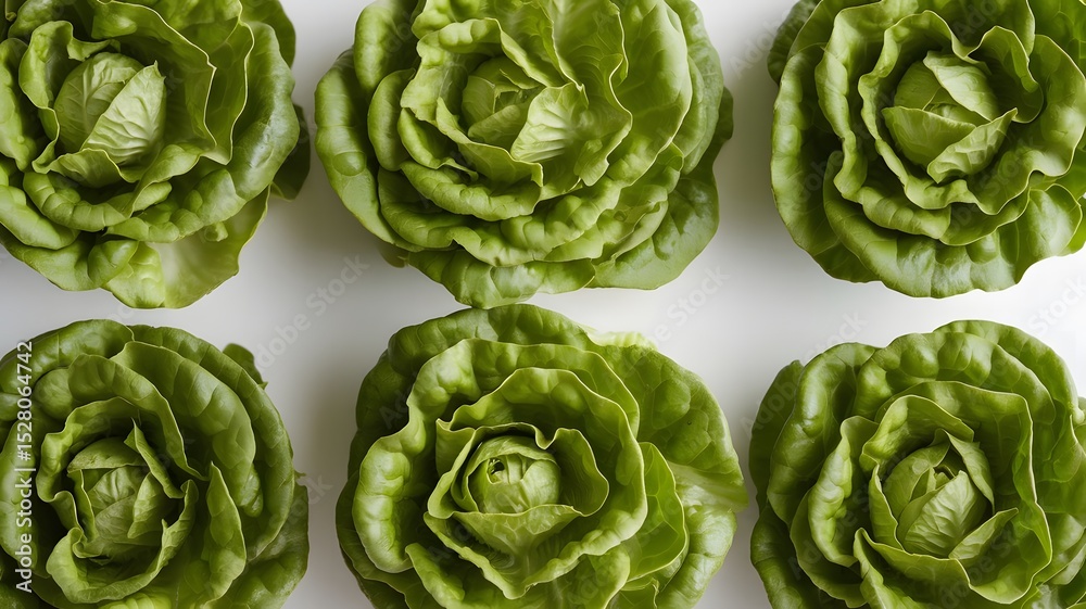 Fototapeta premium A high-resolution studio photograph of fresh green lettuce leaves, arranged neatly on a white backgr