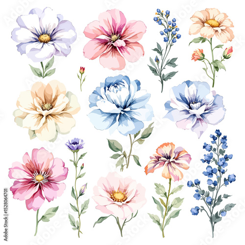 Flowers and leaves digital illustration, spring design, watercolor hand painting. Perfectly for printing, sublimation.