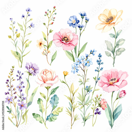 Flowers and leaves digital illustration, spring design, watercolor hand painting. Perfectly for printing, sublimation.