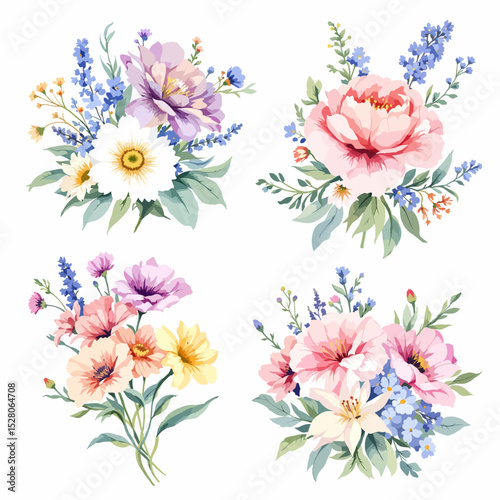 Flowers and leaves digital illustration, spring design, watercolor hand painting. Perfectly for printing, sublimation.