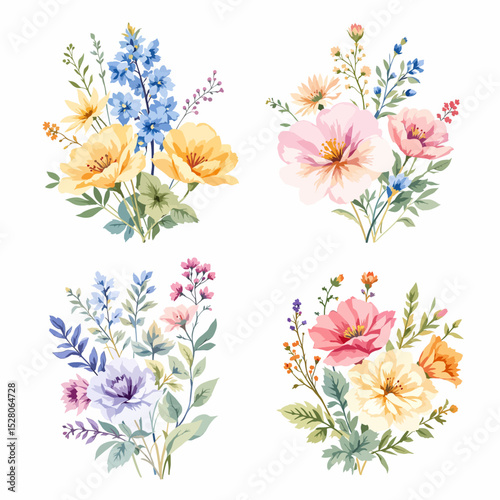 Flowers and leaves digital illustration, spring design, watercolor hand painting. Perfectly for printing, sublimation.