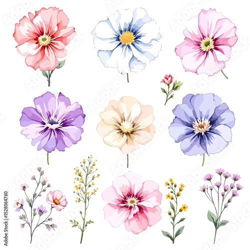 Flowers and leaves digital illustration, spring design, watercolor hand painting. Perfectly for printing, sublimation.