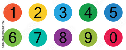 Colorful Number Icons Set – Digits 0 to 9 in Round Circle Vector Design with Long Shadow
