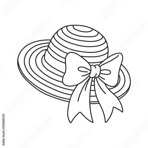 Striped hat with bow. Black and white coloring, thick black lines, cute vector illustration.