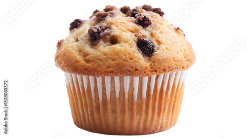 A muffin with chocolate chips on top. The muffin is sitting on a white background. The muffin is the main focus of the image