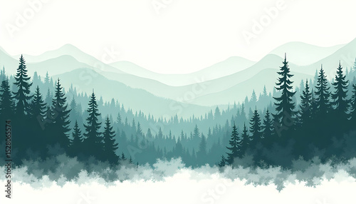 Scenic Mountain Landscape with Evergreen Forest and Misty Atmosphere