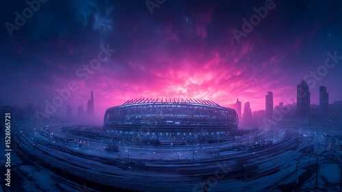 Landscape photograph of Camp Nou stadium in Barcelona during vivid sunset
