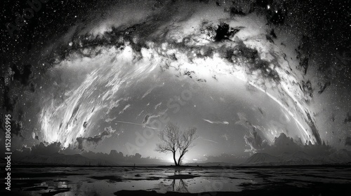 A breathtaking high-resolution star scape in black and white showcasing a vast cosmic scene with a lonely tree silhouetted against the night sky