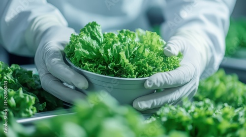 A pair of hands gently holds a bowl of fresh lettuce, showcasing the importance of sustainable farming practices and fresh produce in a carefully controlled greenhouse environment.