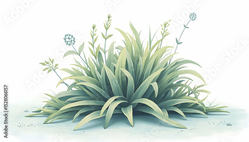 Illustration of Green Plant with Long Leaves and Small Flowers on White