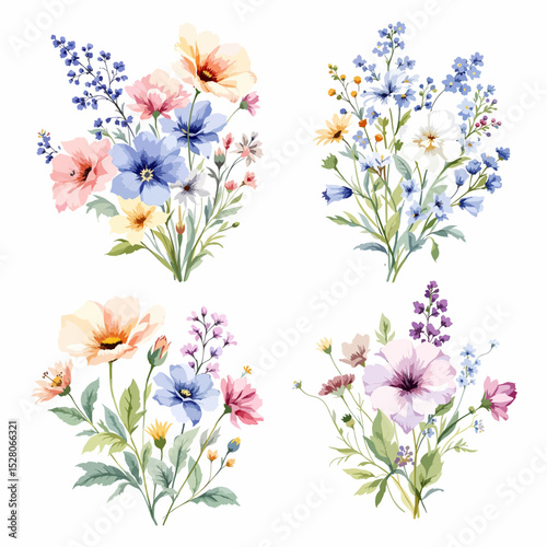 Beautiful watercolor floral set with hand-drawn summer wild field flowers, featuring clip art illustrations