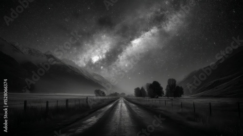 A stunning black and white star scape featuring a winding road under a vast galaxy