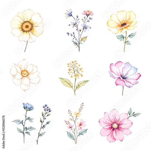 Beautiful watercolor floral set with hand-drawn summer wild field flowers, featuring clip art illustrations
