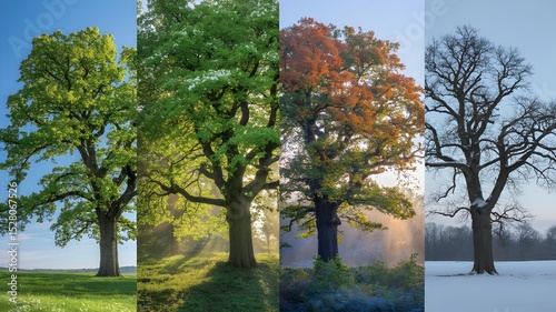 Four vibrant trees showcasing the changing seasons, from lush green to vibrant autumn hues and a dormant winter scene. The image captures the essence of nature's cycles