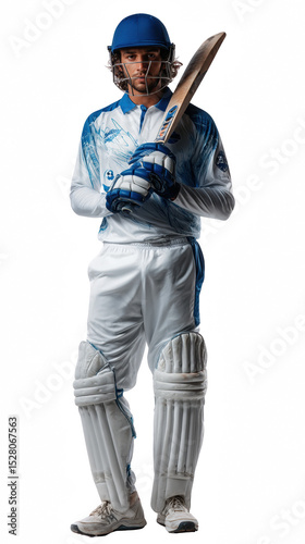 Cricket Player Portrait: A cricket player stands poised, bat held high, ready for action. He is wearing white uniform with blue accents.  The image is captured against a white background.