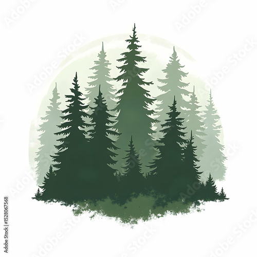 Illustration of Evergreen Trees in Forest, Nature Background