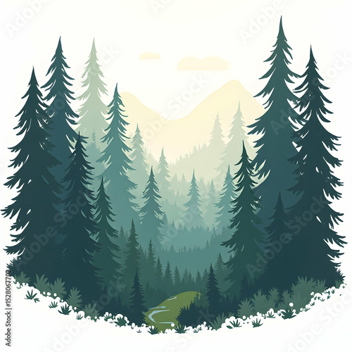 Forest Landscape with Evergreen Trees and Mountains