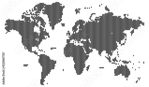 A digital world map with vertical line shape dotted continents. Europe, Asia, and America in detailed topographic illustration. Vertical line shape dotted world map feathering country boundary