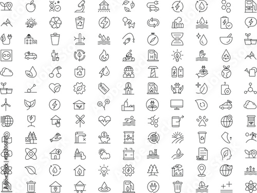 100+ Sustainable Energy and Eco-Friendly Line Icons  Perfect for Websites, Apps, and Presentations.  Downloadable Vector EPS File.