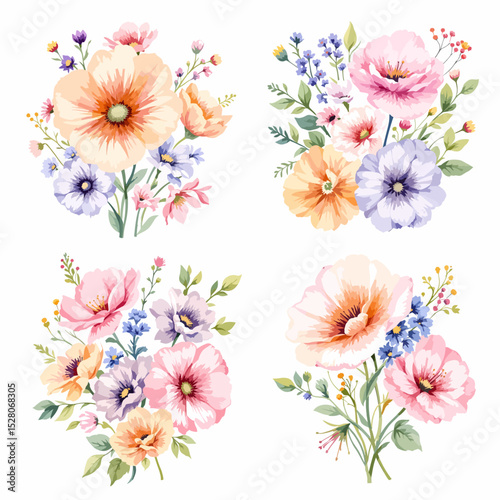 Beautiful watercolor floral set with hand-drawn summer wild field flowers, featuring clip art illustrations