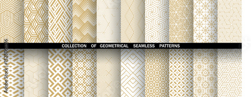 Geometric set of seamless golden and white patterns. Simple vector graphics