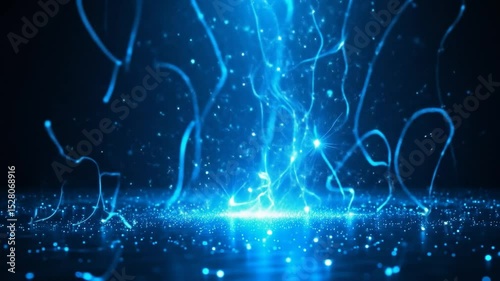 3D Animation Of Bright Blue Sparks Magically Appearing In The Dark, Glittering And Whirling, Leaving Glowing Trails And Reflections On The Floor, Creating A Magical Festive Atmosphere. 4k video