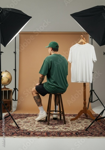 T-Shirt Mockup Set: Model in Green Tee & Hanging White T-Shirt for Versatile Apparel Branding