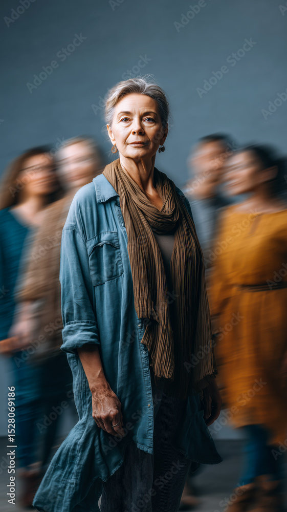 Fototapeta premium Mature woman stands firm, background figures are blurred and indistinct symbolizing strength of the individual. 