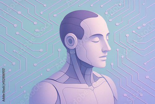 Cybernetic humanoid robot with smooth aesthetics and closed eyes stands against circuit board background in soft purple and blue tones