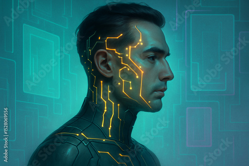 Cybernetic man with glowing circuit lines on face and neck in futuristic aesthetics style