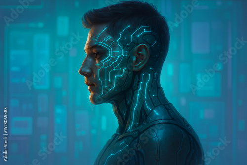 Cybernetic man with glowing blue circuit patterns on his face and neck showcases futuristic aesthetics in dimly lit high tech environment