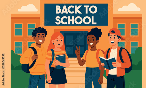 Vector illustration of a group of diverse teenage students standing in front of a school building with a "Back to School" sign. 