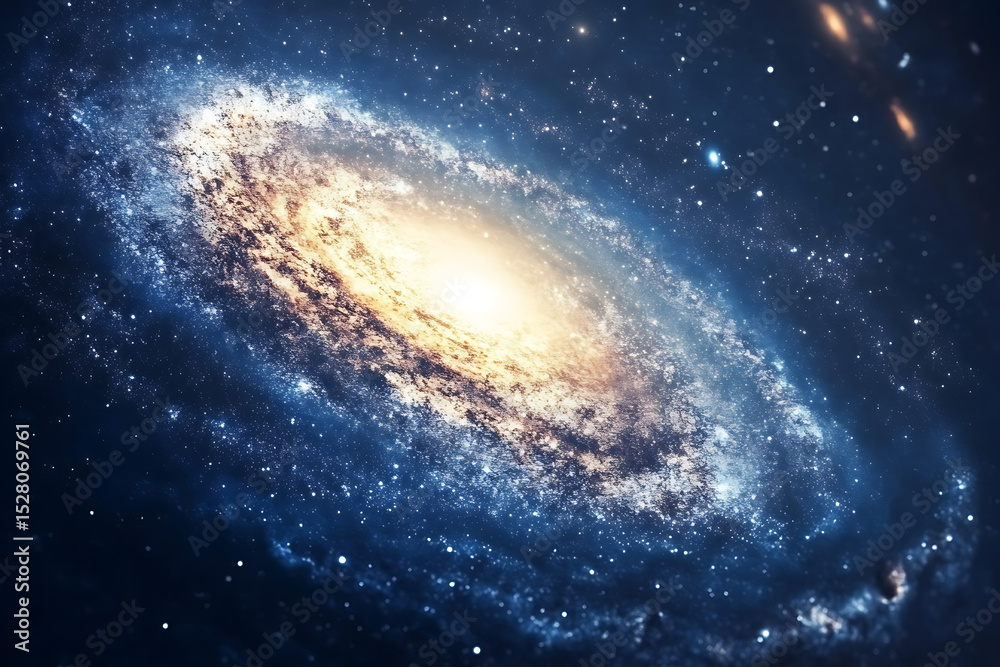 Fototapeta premium Breathtaking view of a glowing spiral galaxy surrounded by stars in deep space. A vivid and detailed cosmic scene ideal for astronomy, science fiction, education, or inspirational space-themed content