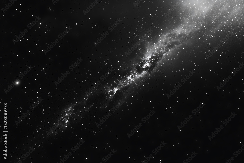 Fototapeta premium Black and white image of a dense star field and galactic cluster in deep space. A monochrome view of the cosmos that evokes timeless beauty, astronomy, mystery, and the vastness of the universe.
