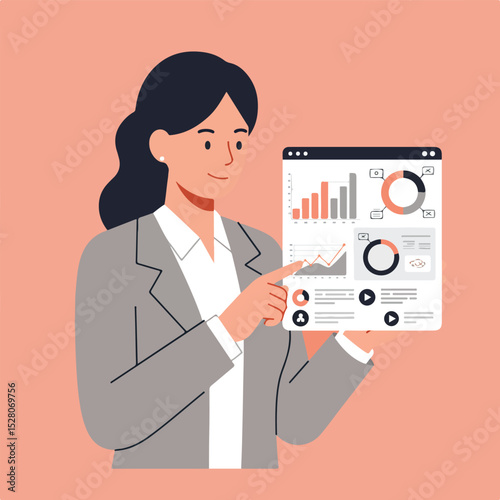 A businesswoman is presenting data analytics using a tablet, showcasing graphs, charts, and key performance indicators.