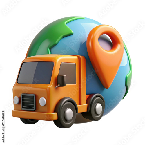 3d delivery truck and globe icon isolated on white background