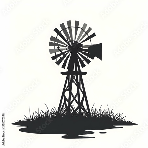Windmill Silhouette in Field Illustration