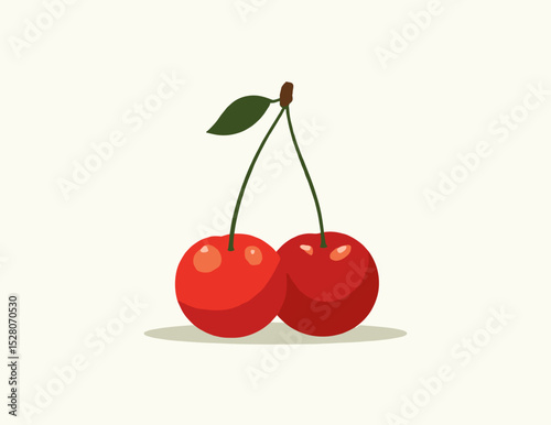 Stylized cherries with a green leaf on a light background