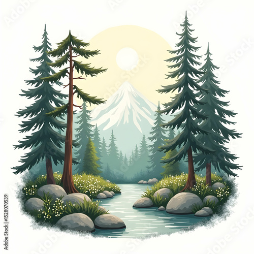 Mountain Landscape with River and Evergreen Trees